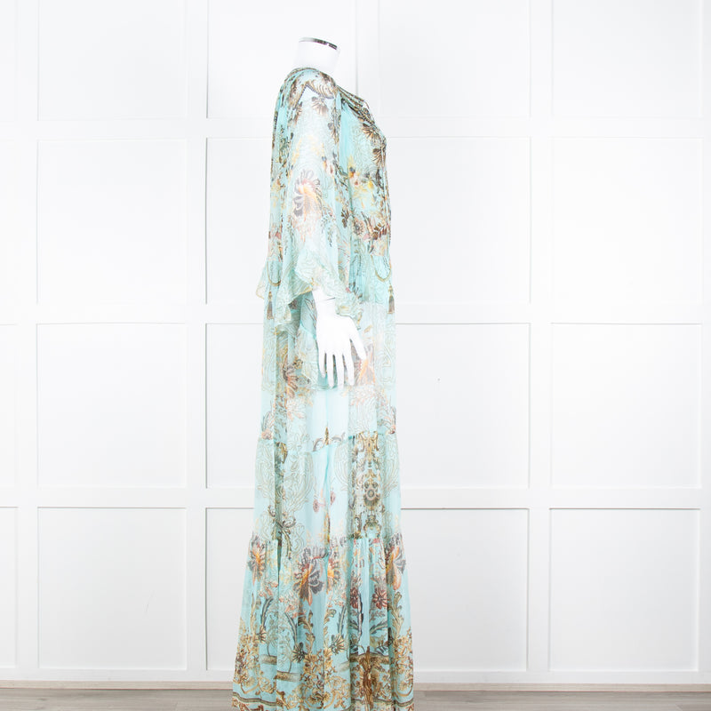 Camilla Pale Mint Green Gold Brown Floral Print Beaded Silk Dress