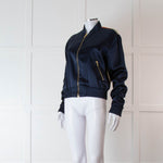 Mulberry Navy Silk Bomber Jacket with Orange, Purple and Beige Patterned Back