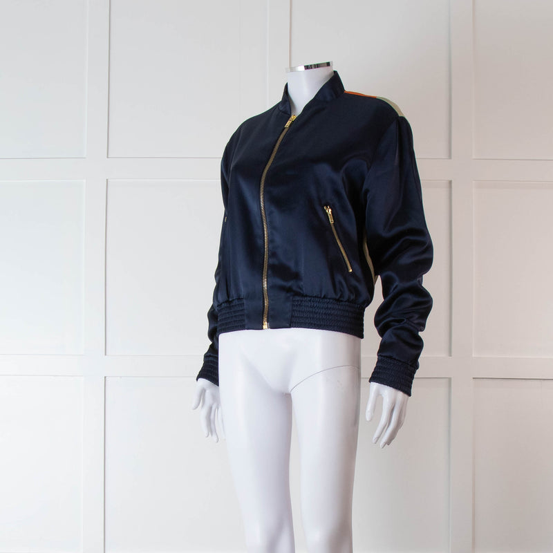 Mulberry Navy Silk Bomber Jacket with Orange, Purple and Beige Patterned Back