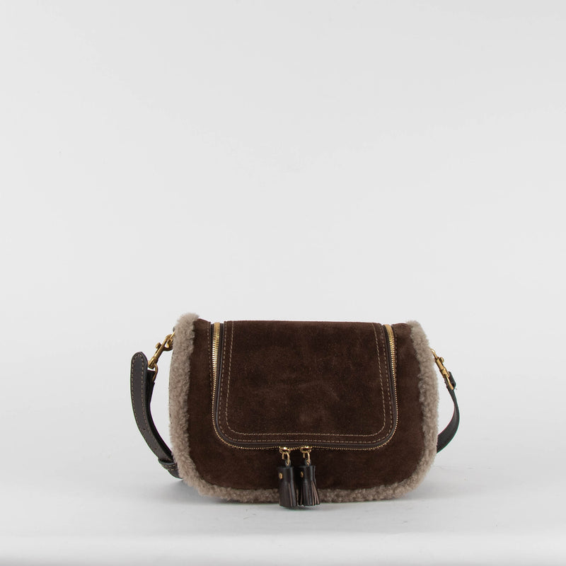 Anya Hindmarch Small Vere Satchel in Coffee Suede with Shearling Trim