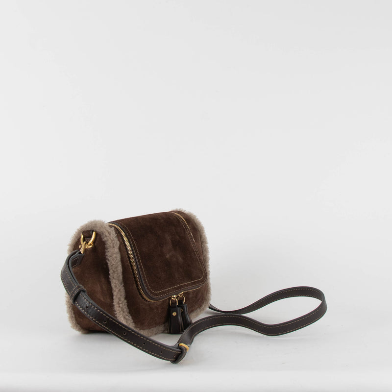 Anya Hindmarch Small Vere Satchel in Coffee Suede with Shearling Trim