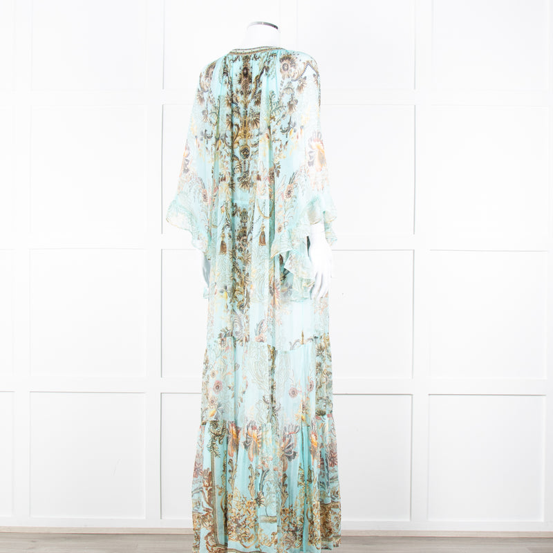 Camilla Pale Mint Green Gold Brown Floral Print Beaded Silk Dress