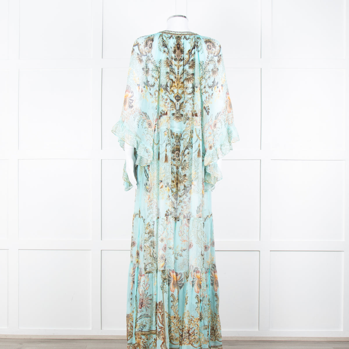 Camilla Pale Mint Green Gold Brown Floral Print Beaded Silk Dress