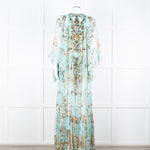 Camilla Pale Mint Green Gold Brown Floral Print Beaded Silk Dress