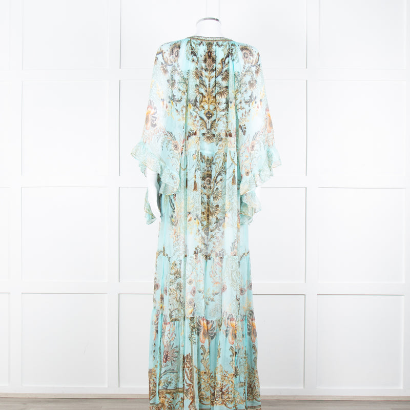 Camilla Pale Mint Green Gold Brown Floral Print Beaded Silk Dress