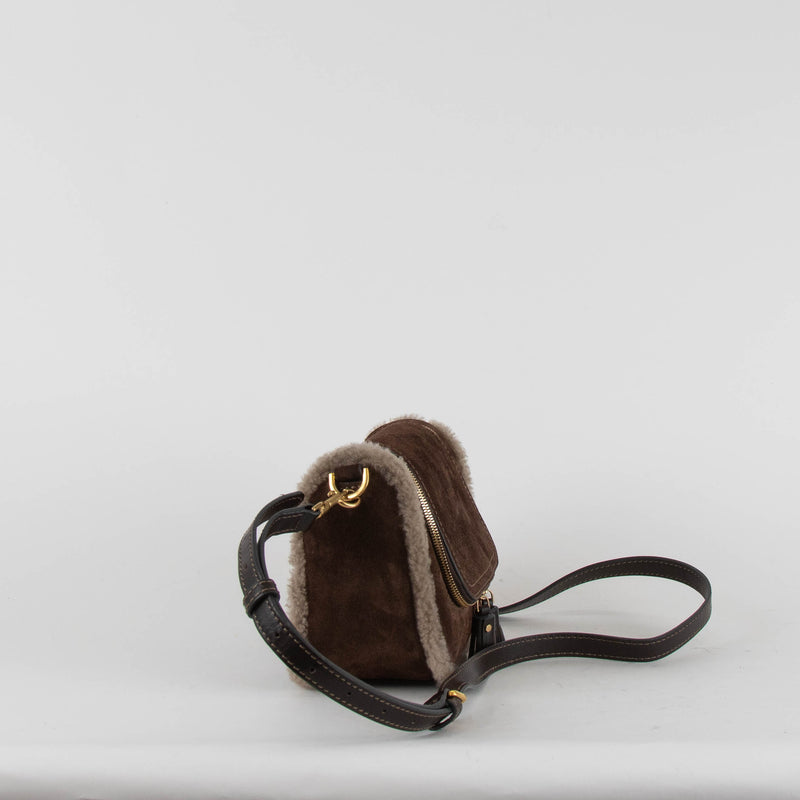 Anya Hindmarch Small Vere Satchel in Coffee Suede with Shearling Trim