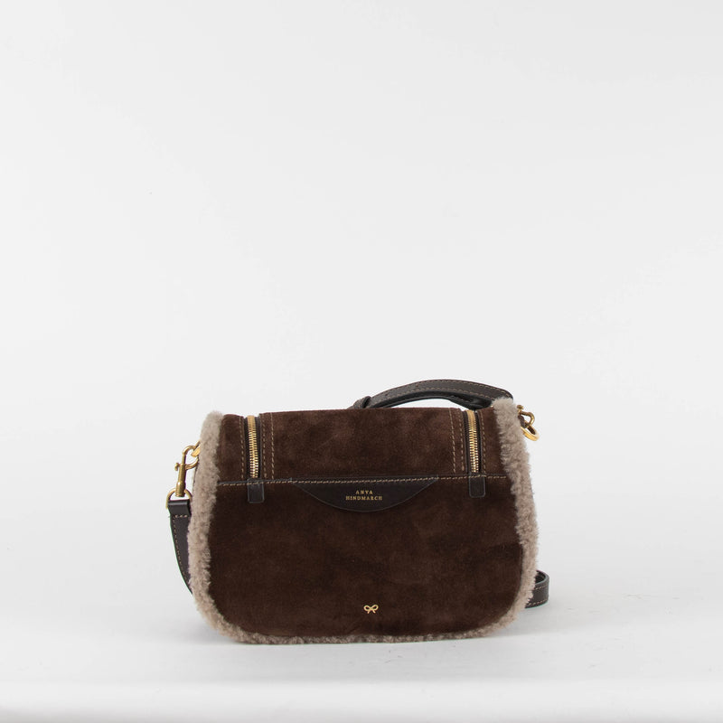 Anya Hindmarch Small Vere Satchel in Coffee Suede with Shearling Trim