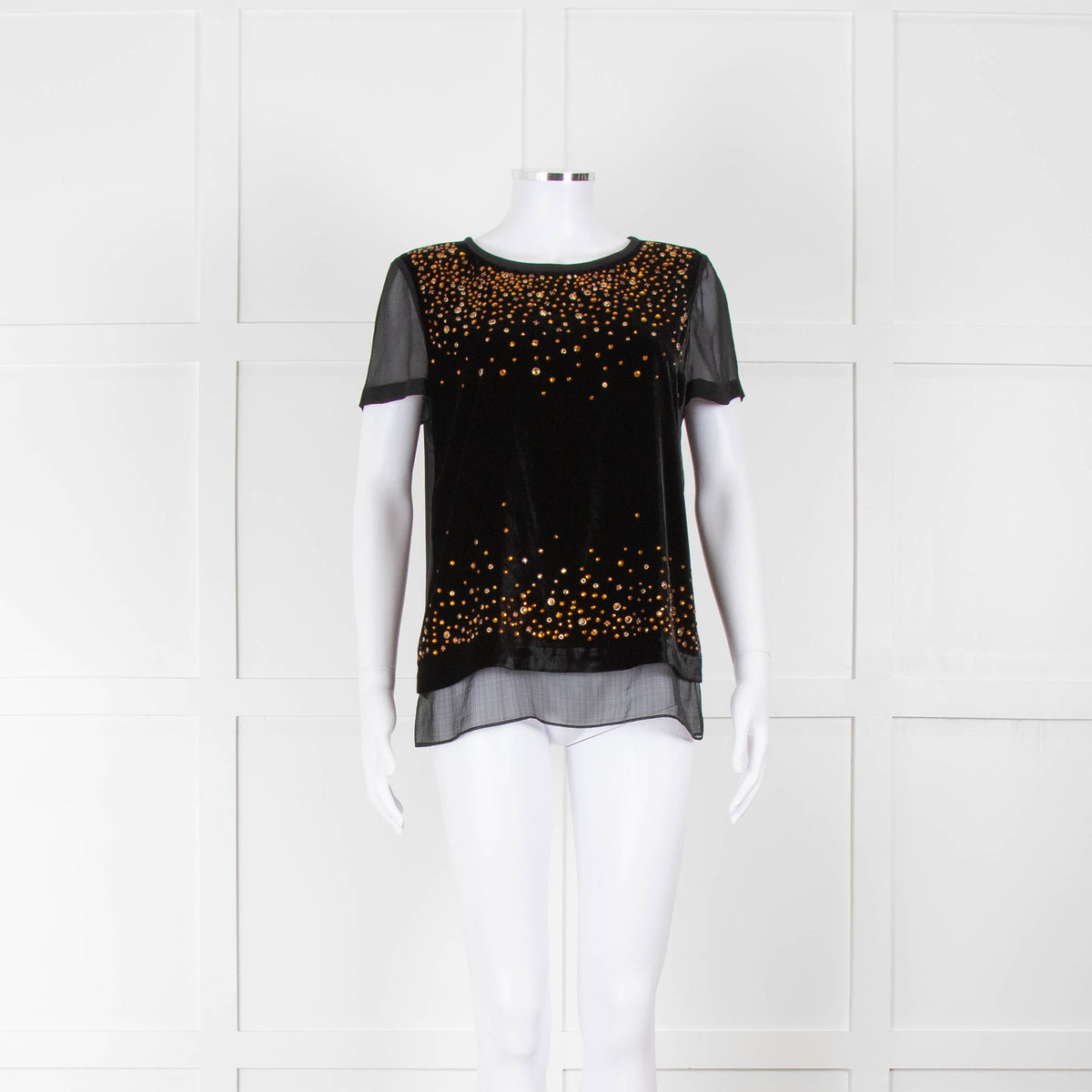 Diane Von Furstenberg Black Velvet Bronze Diamante Short Sleeve Top
