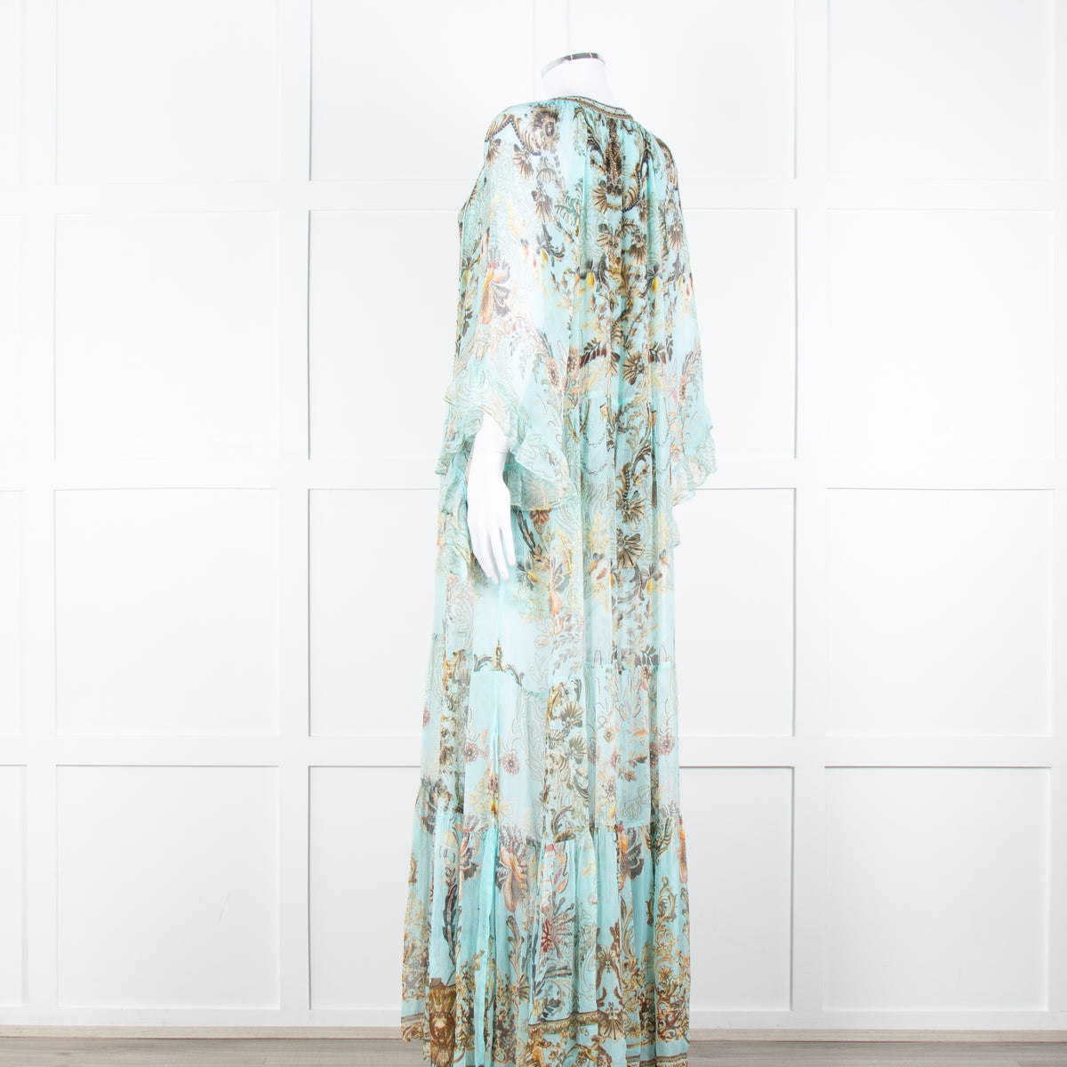 Camilla Pale Mint Green Gold Brown Floral Print Beaded Silk Dress