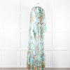 Camilla Pale Mint Green Gold Brown Floral Print Beaded Silk Dress
