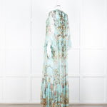 Camilla Pale Mint Green Gold Brown Floral Print Beaded Silk Dress
