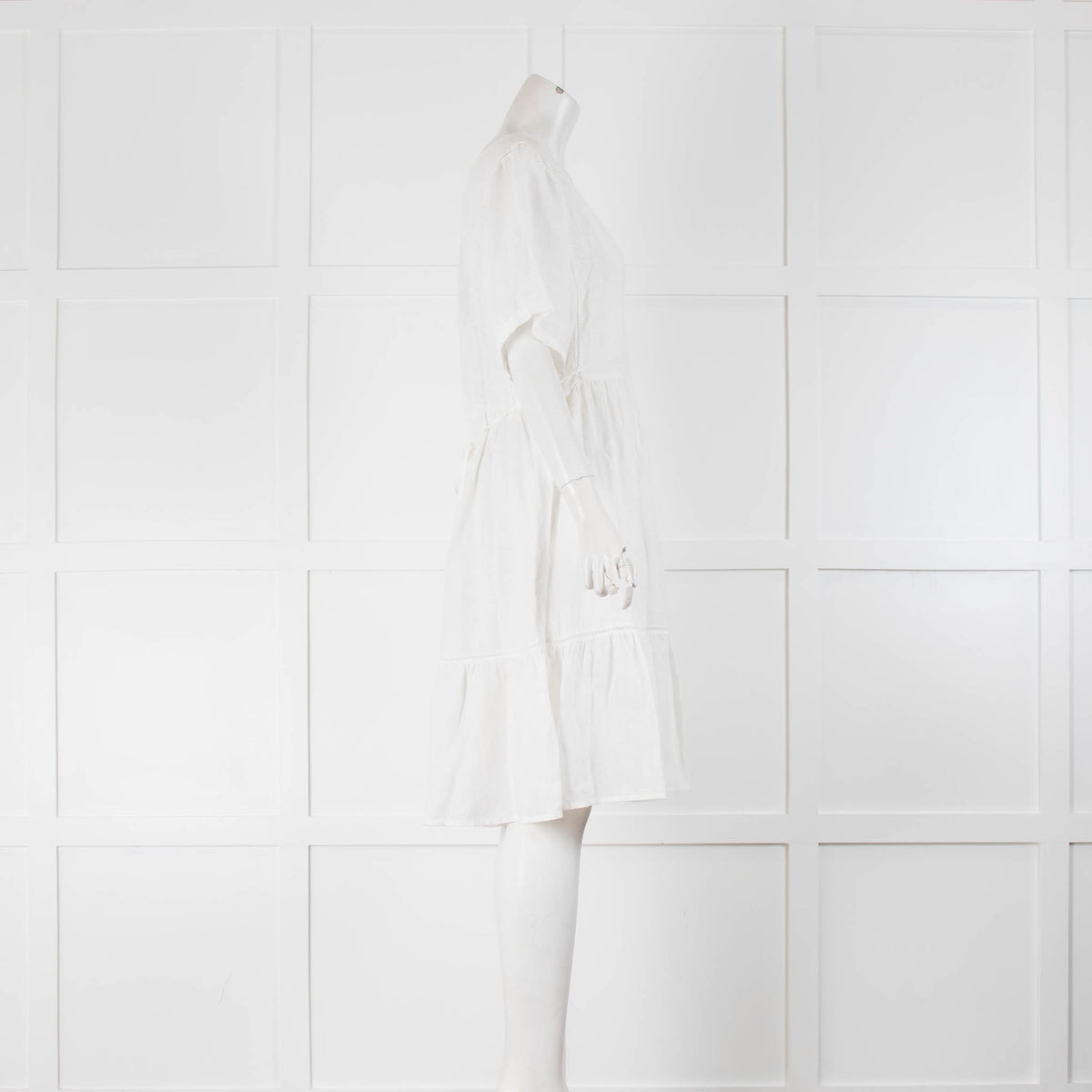 120 Lino White Shimmer Short Sleeve Linen  Mini Dress