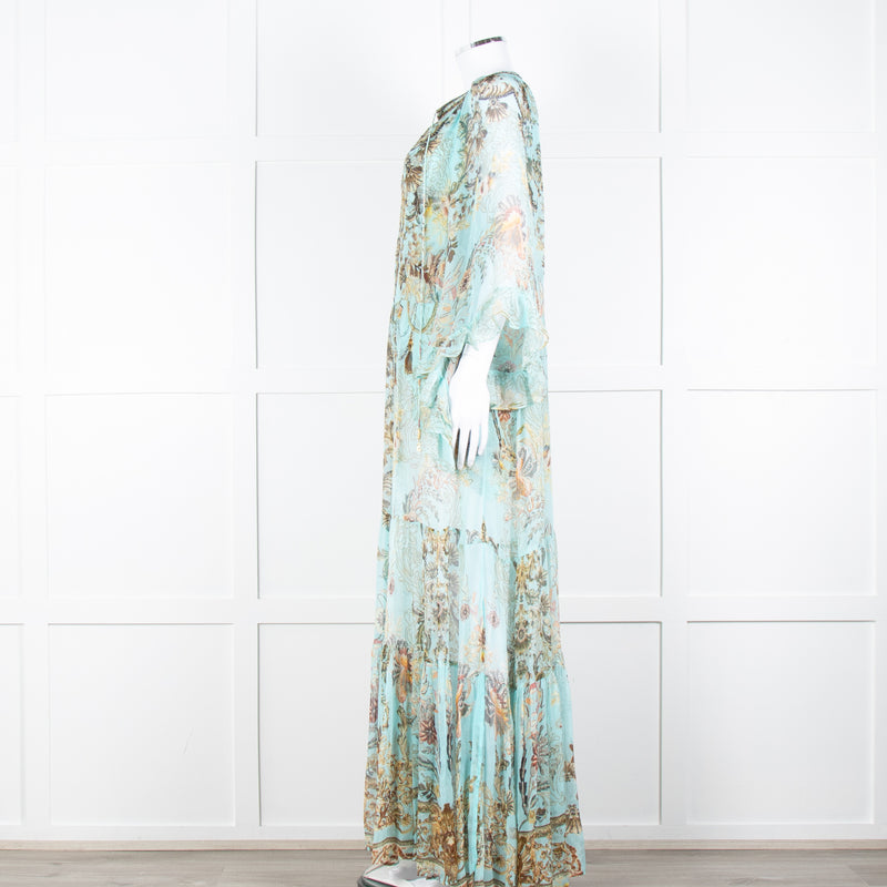 Camilla Pale Mint Green Gold Brown Floral Print Beaded Silk Dress
