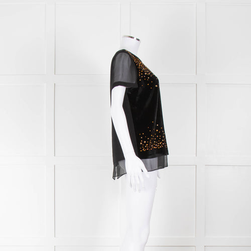Diane Von Furstenberg Black Velvet Bronze Diamante Short Sleeve Top
