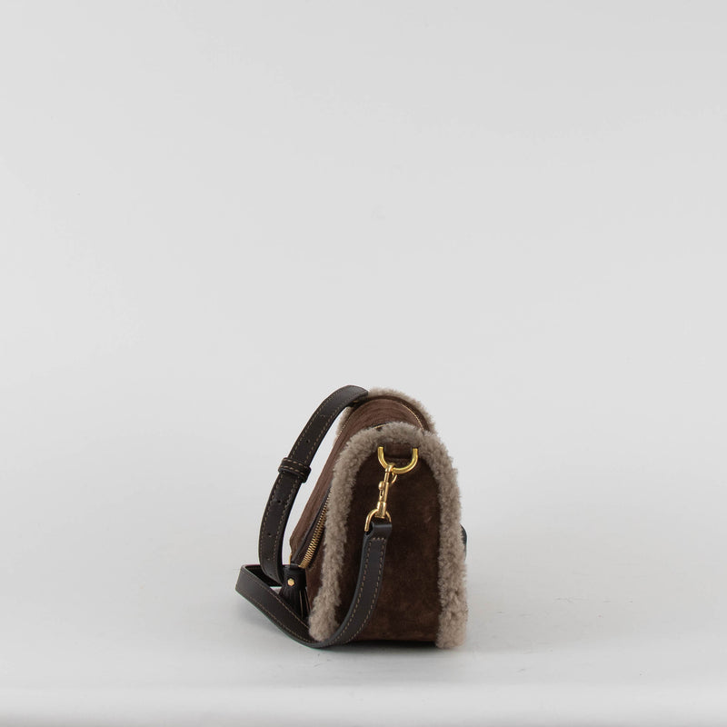 Anya Hindmarch Small Vere Satchel in Coffee Suede with Shearling Trim