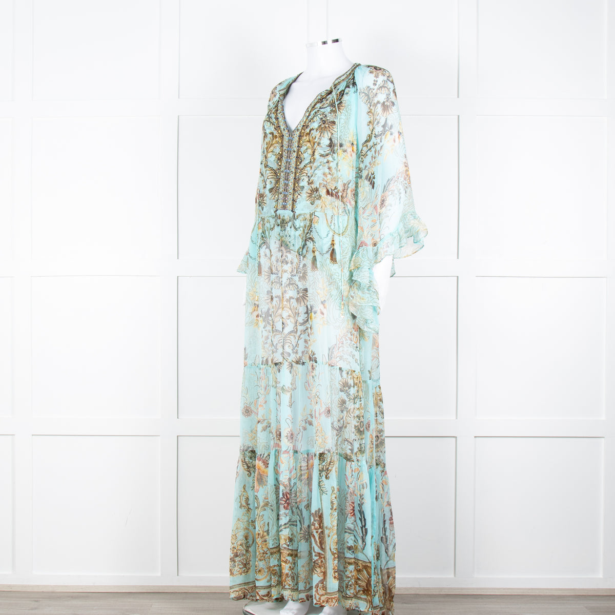 Camilla Pale Mint Green Gold Brown Floral Print Beaded Silk Dress