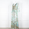 Camilla Pale Mint Green Gold Brown Floral Print Beaded Silk Dress
