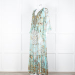 Camilla Pale Mint Green Gold Brown Floral Print Beaded Silk Dress