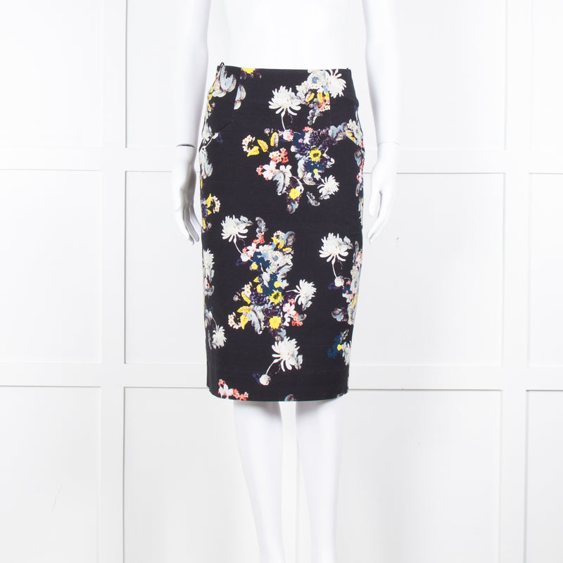 Erdem Navy Blue Floral Cotton Pencil Skirt