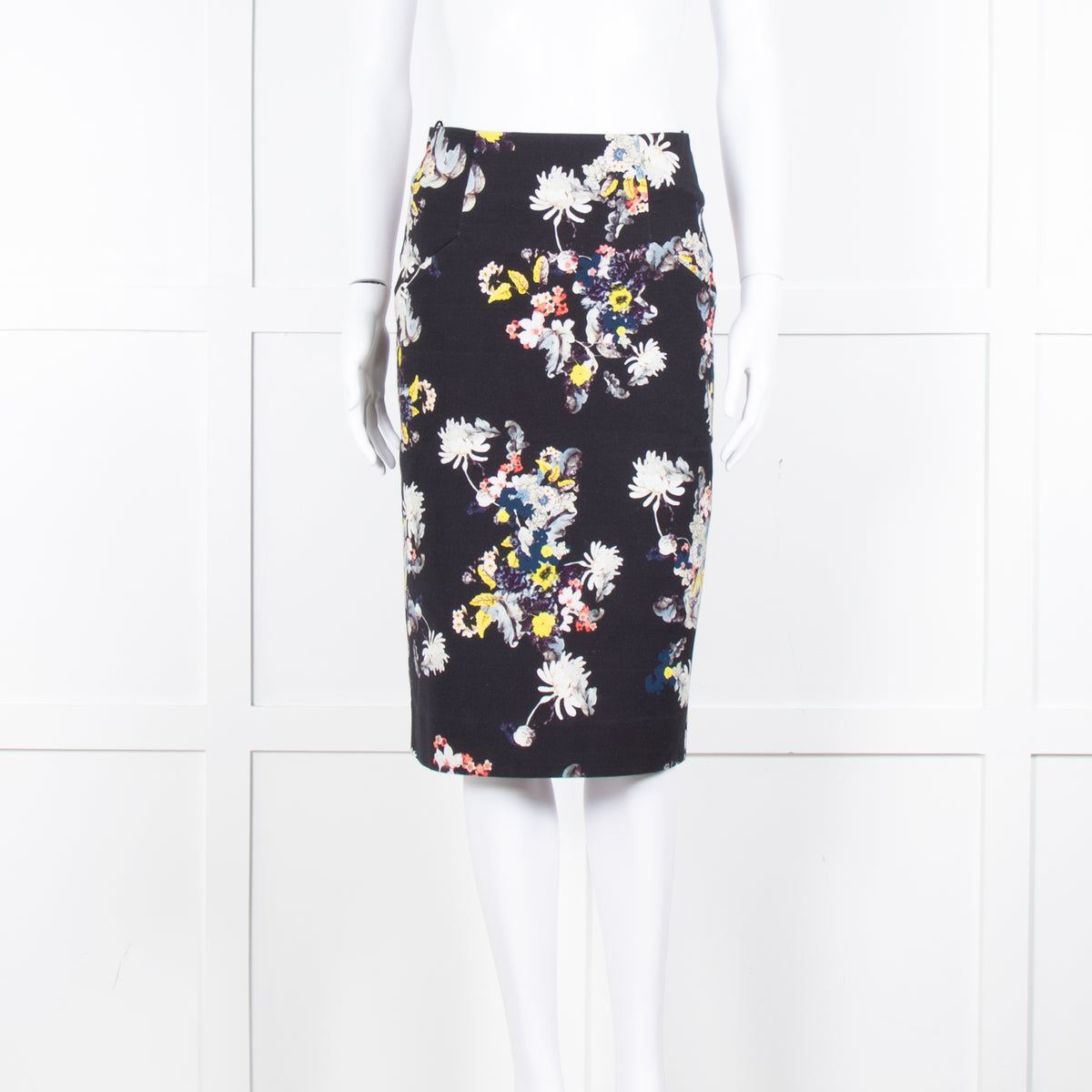 Erdem Navy Blue Floral Cotton Pencil Skirt
