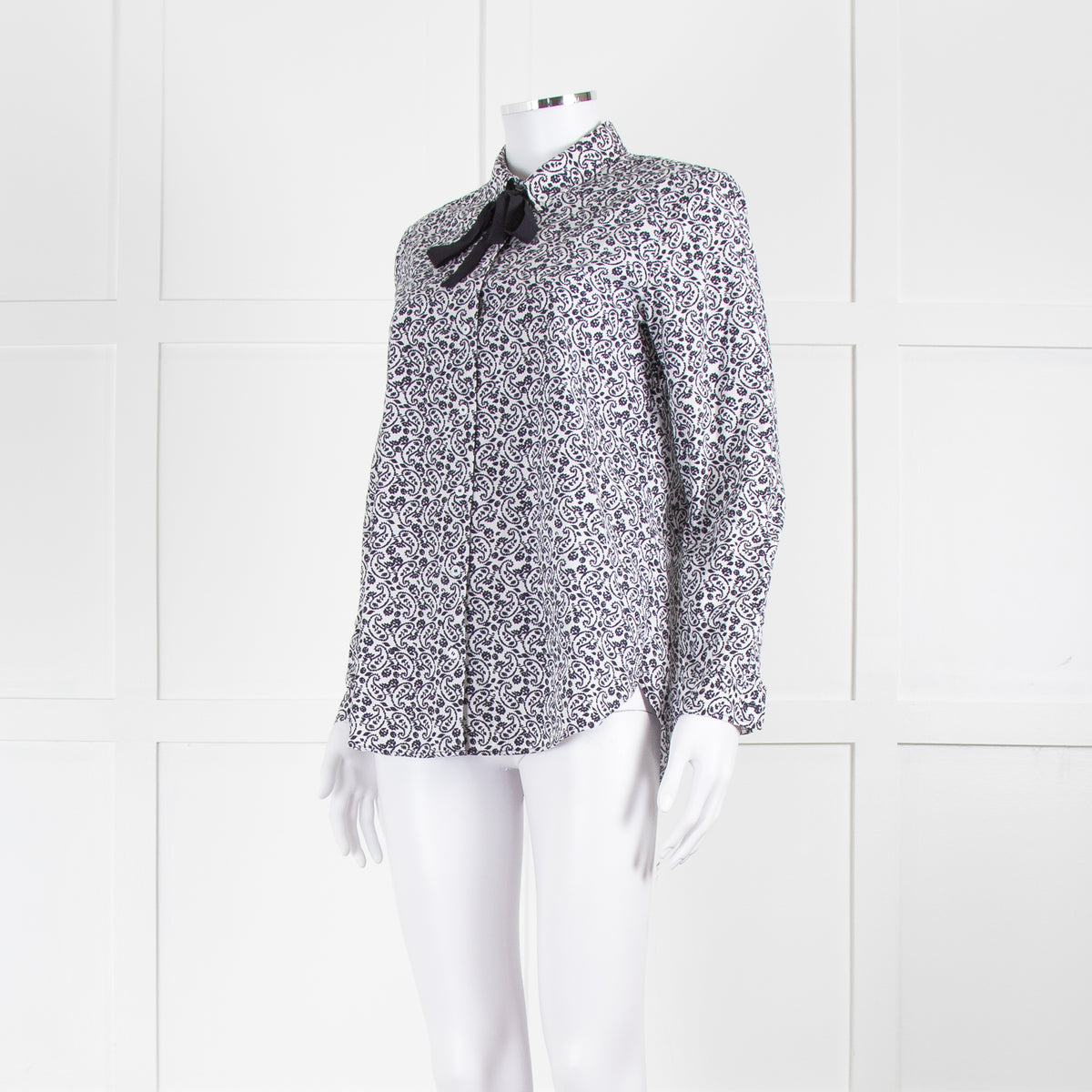 Claudie Pierlot White Navy Floral Print Neck Tie Cotton Shirt