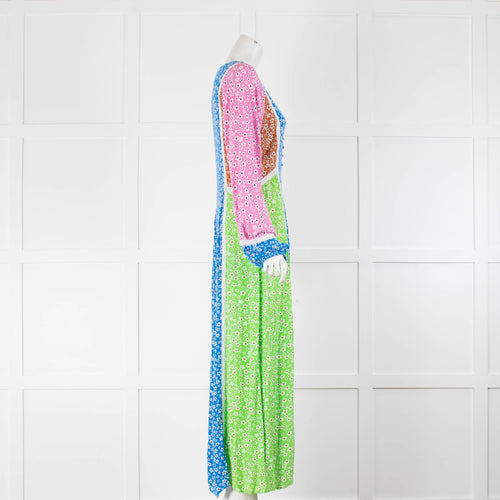 Rixo Blue Pink Green Floral Print Tie Back Maxi Dress