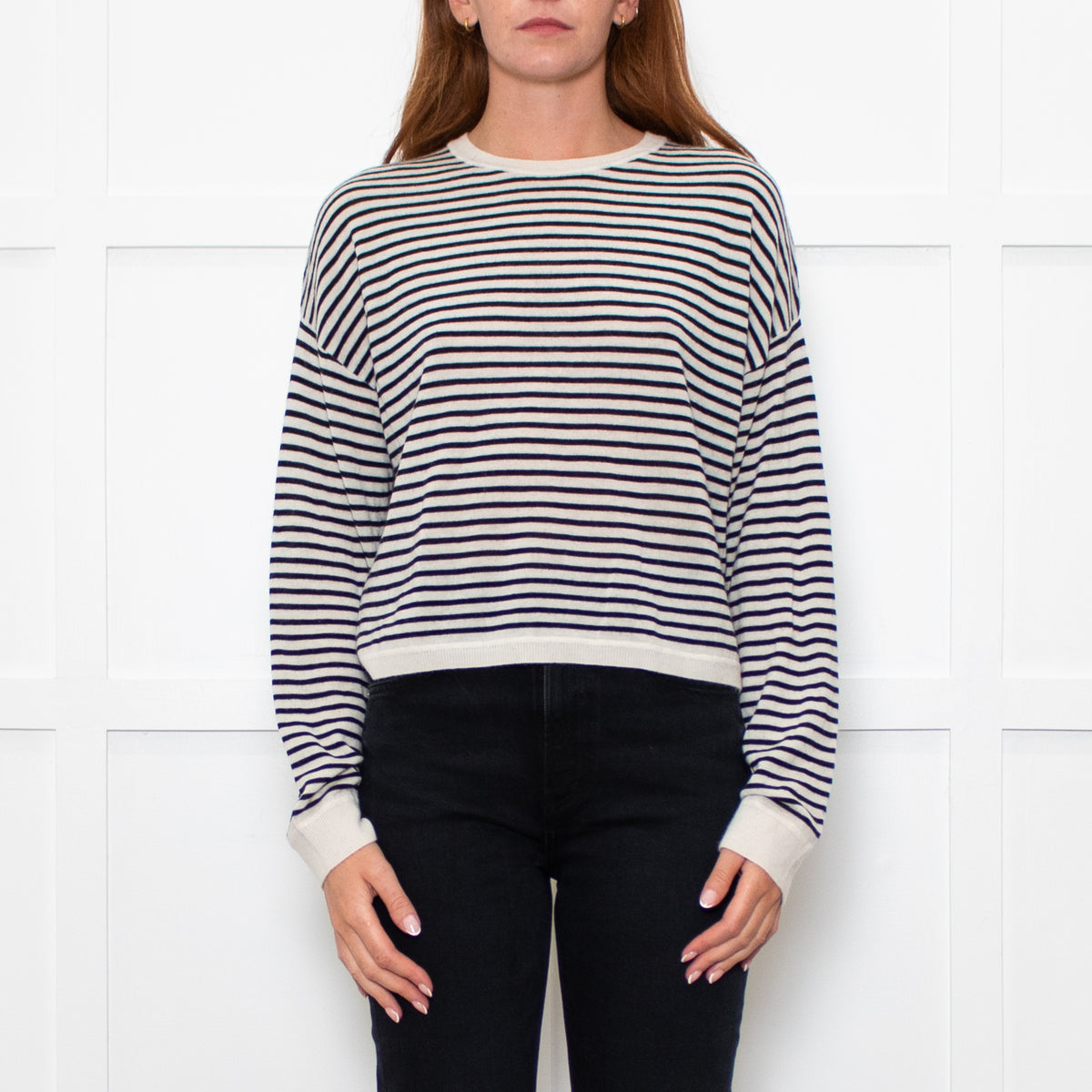 White + Warren White/Black Striped Fine Cashmere Blend Sweatshirt