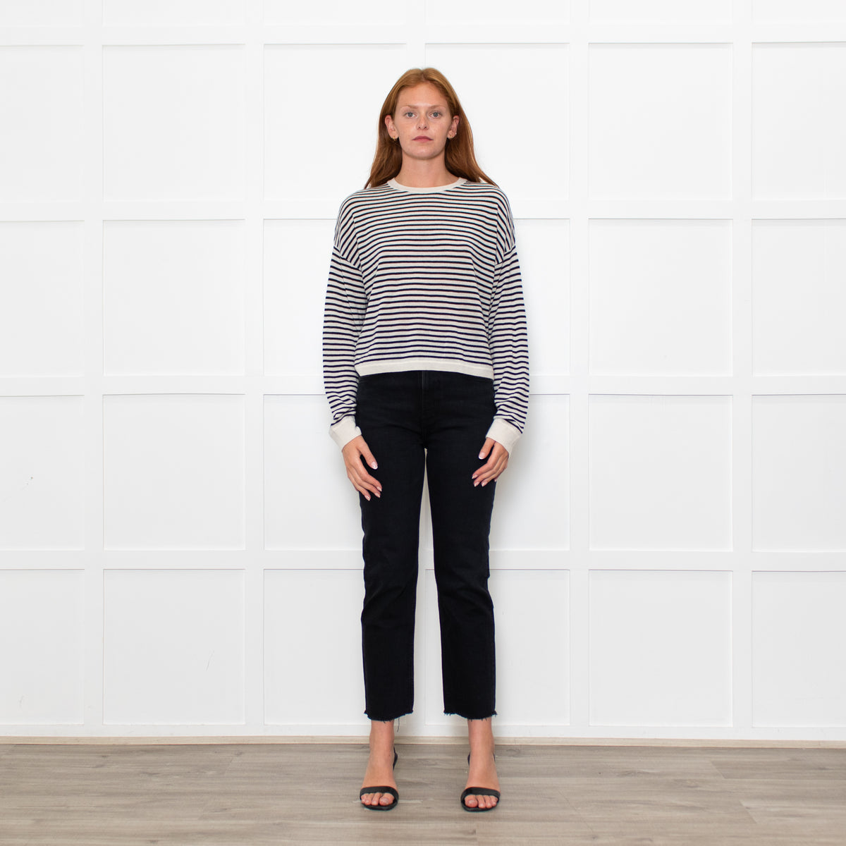 White + Warren White/Black Striped Fine Cashmere Blend Sweatshirt
