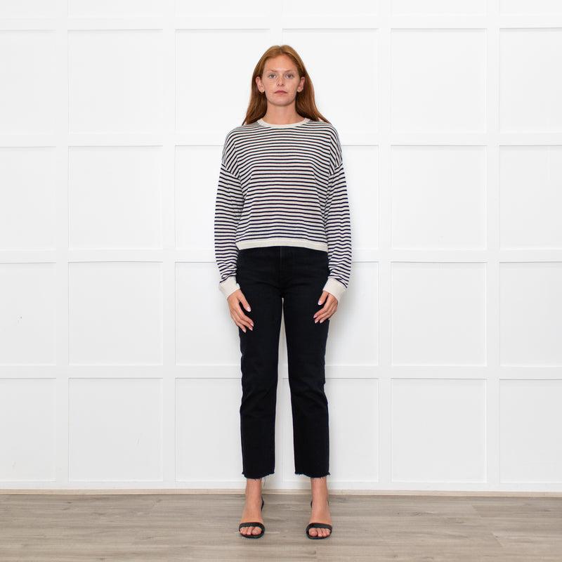 White + Warren White/Black Striped Fine Cashmere Blend Sweatshirt