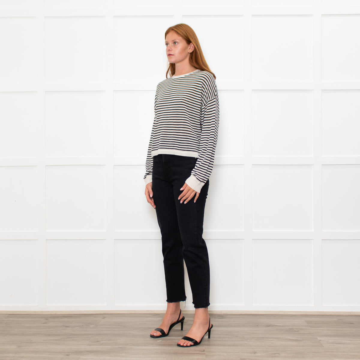 White + Warren White/Black Striped Fine Cashmere Blend Sweatshirt
