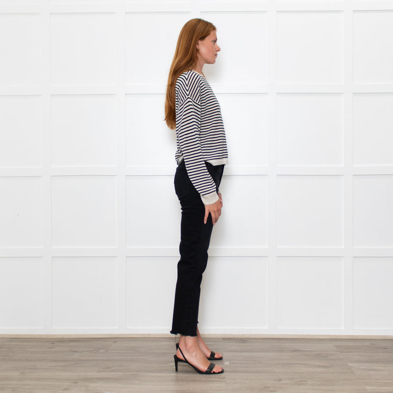 White + Warren White/Black Striped Fine Cashmere Blend Sweatshirt