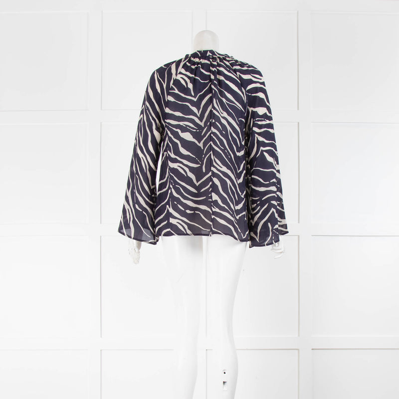 Lily And Lionel Navy Blue Cream Neck Tie Wide Sleeve Blouse