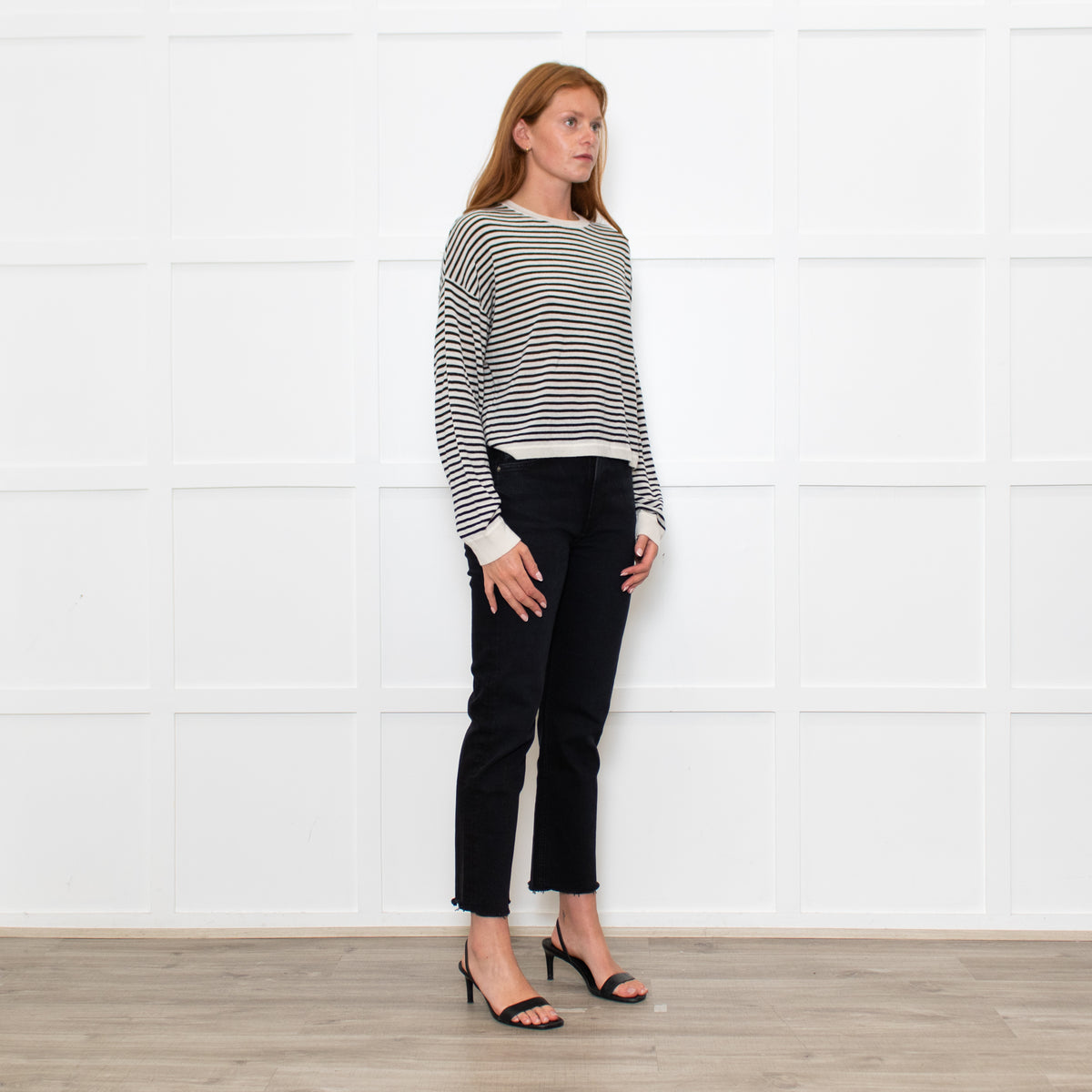 White + Warren White/Black Striped Fine Cashmere Blend Sweatshirt