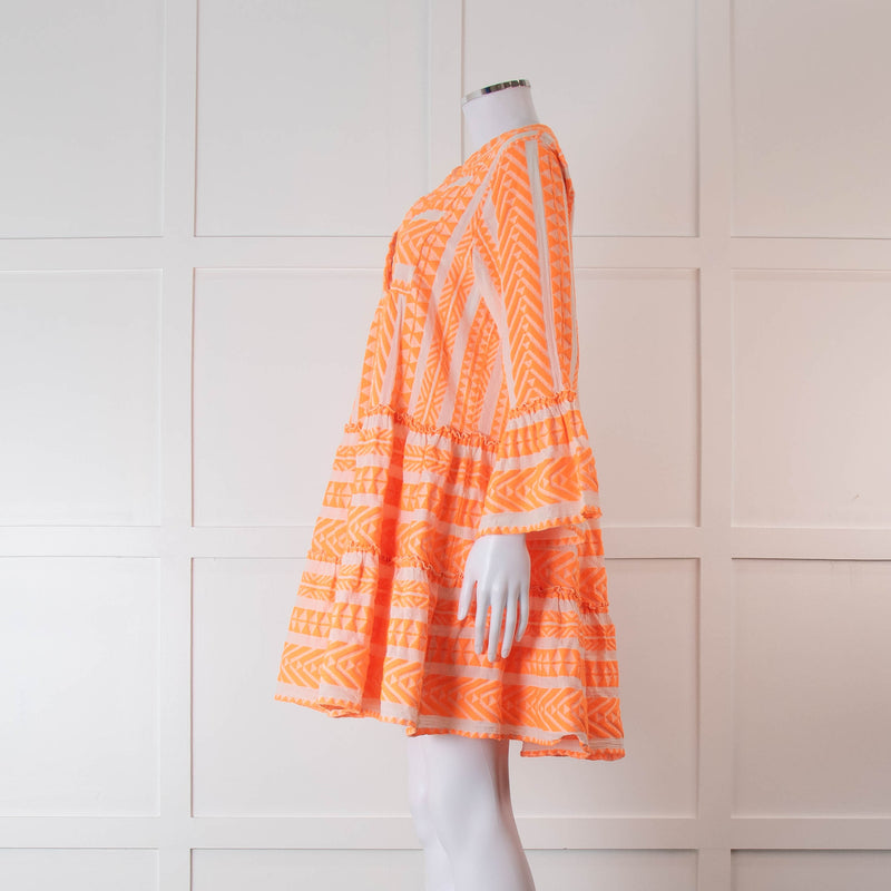 Devotion Twins Cream and Neon Orange Tiered Mini Dress