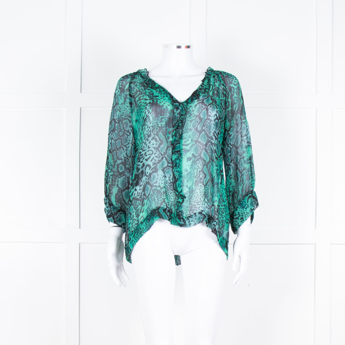 Ba&sh Black Green Snake Print Frill Detail Top