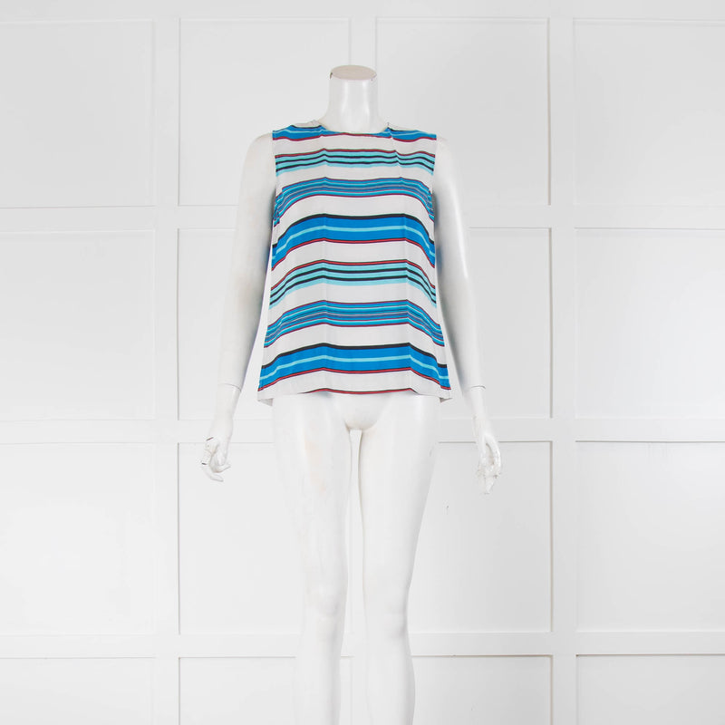 Equipment White Blue Striped Sleeveless Silk Top