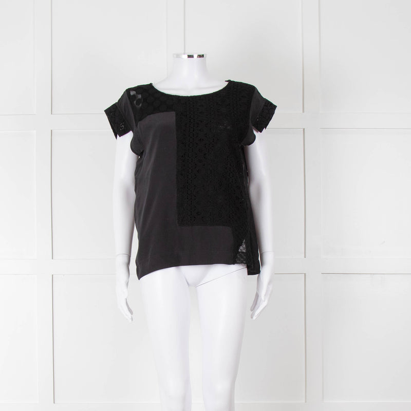 See By Chloe Black Silk Lace Short Sleeve Top