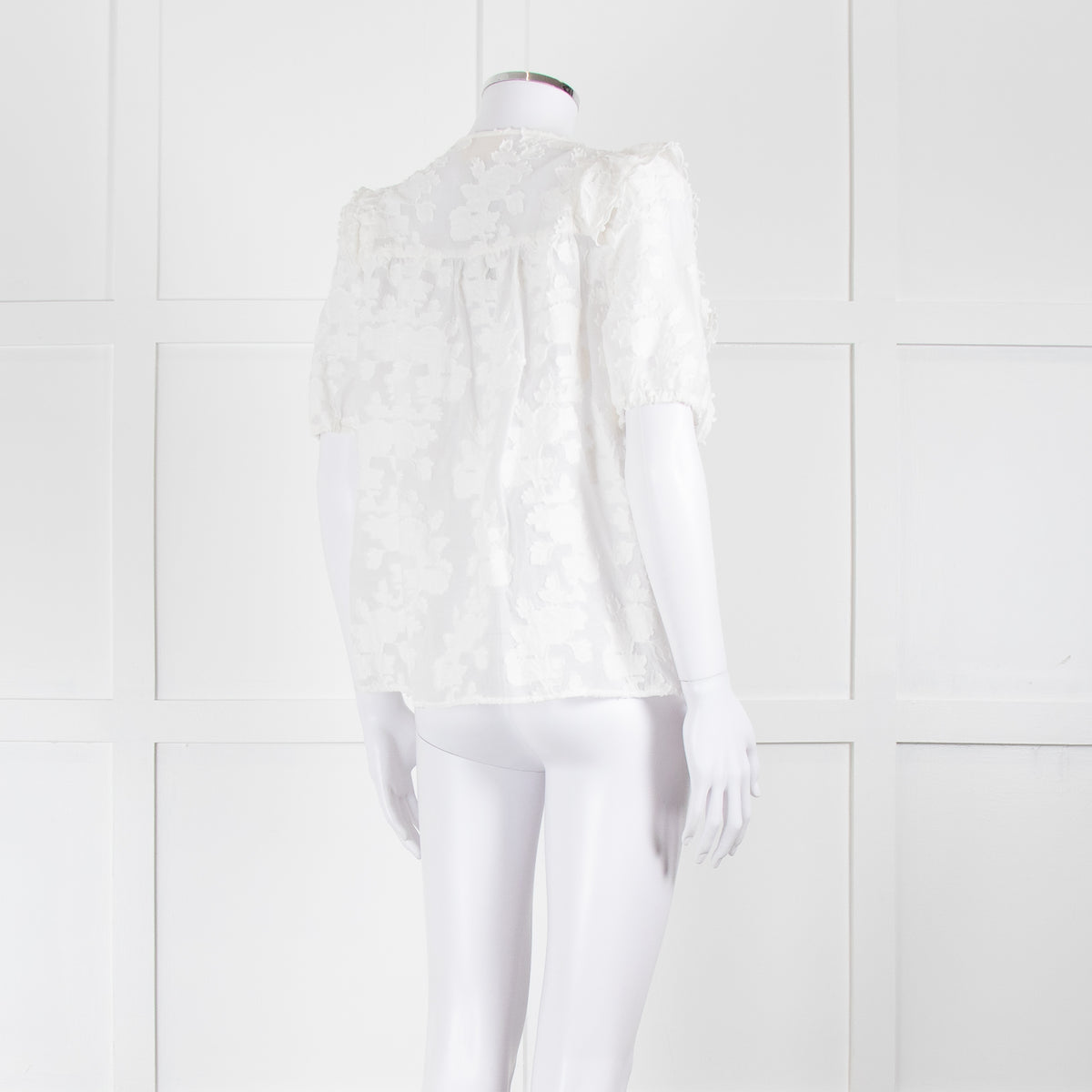 Sezane White Cotton Blend Flower Frill  Short Sleeve Blouse