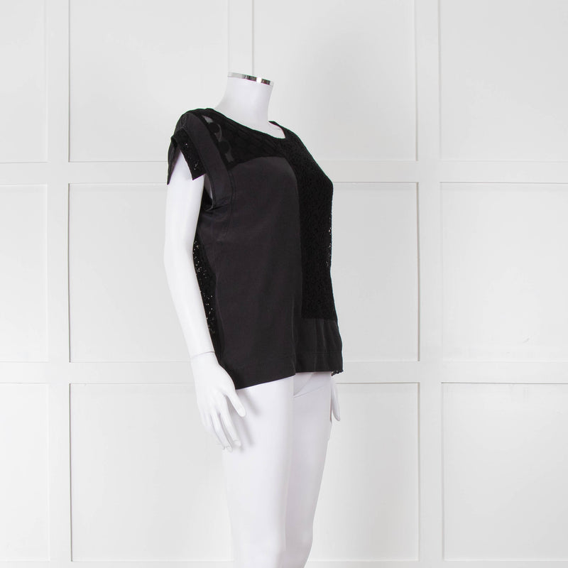 See By Chloe Black Silk Lace Short Sleeve Top