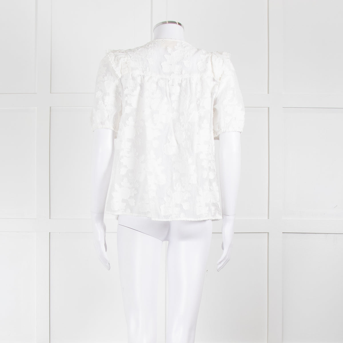 Sezane White Cotton Blend Flower Frill  Short Sleeve Blouse
