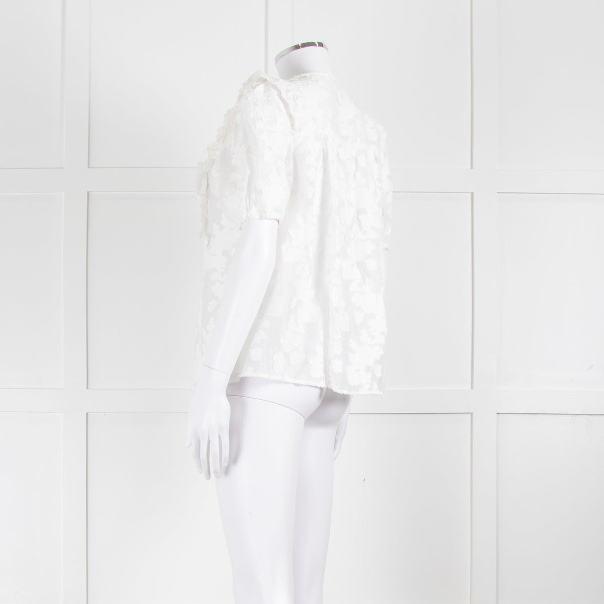Sezane White Cotton Blend Flower Frill  Short Sleeve Blouse