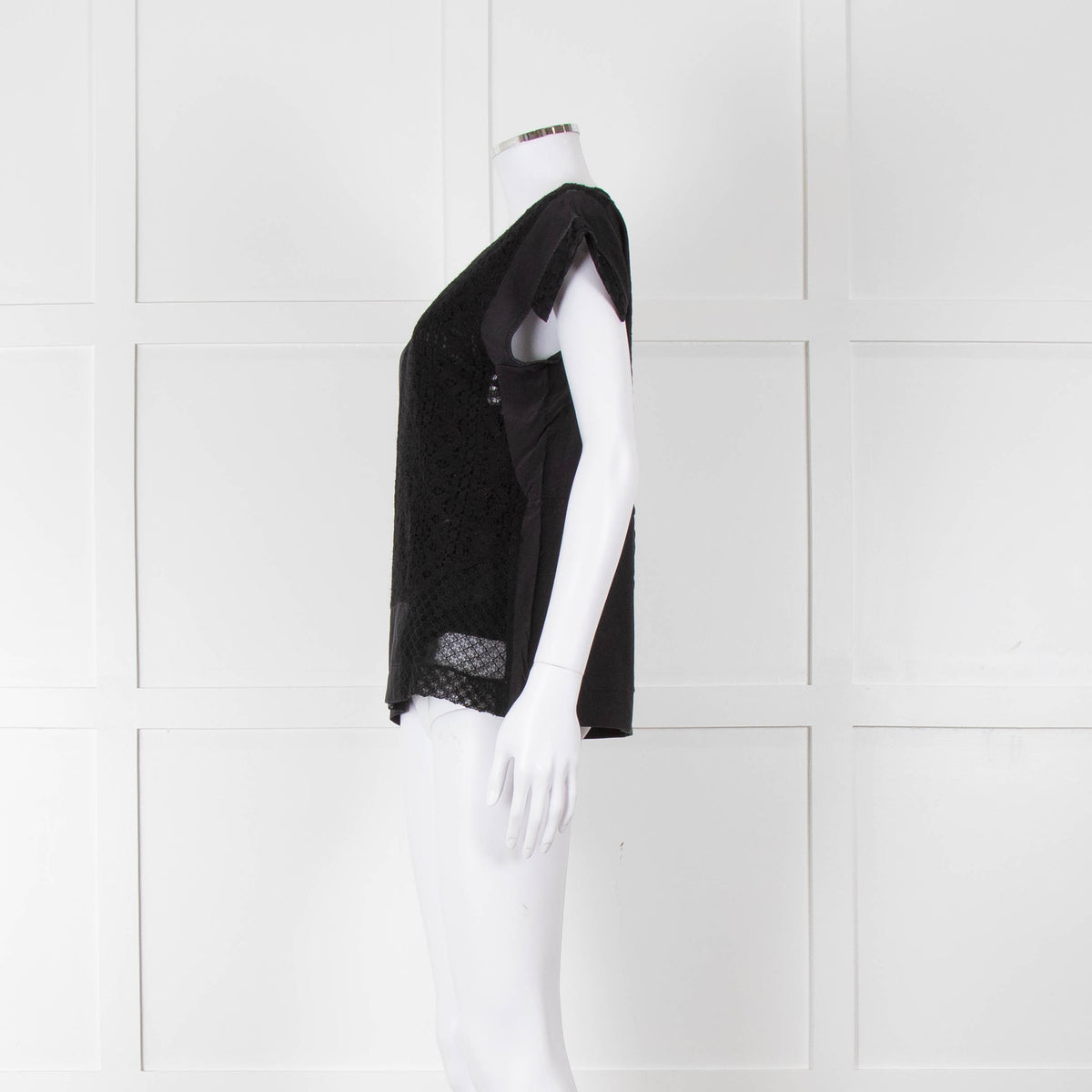 See By Chloe Black Silk Lace Short Sleeve Top