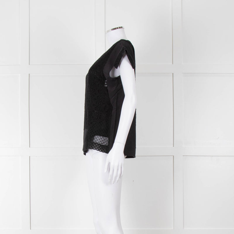 See By Chloe Black Silk Lace Short Sleeve Top