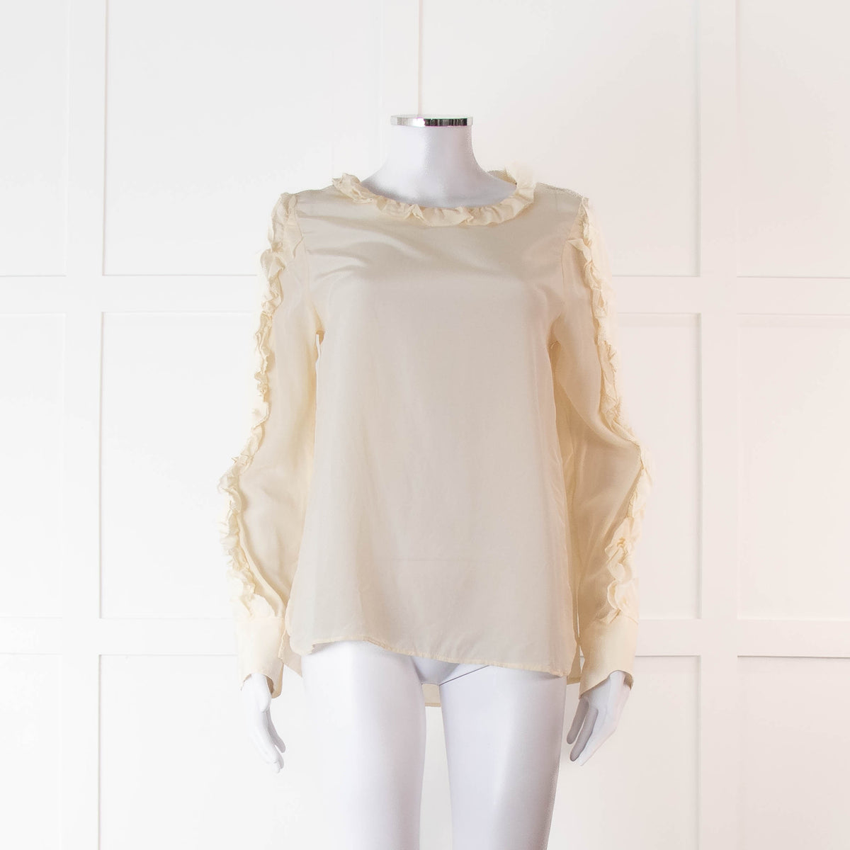 SeeByChloe Cream Silk Round Neck Long Sleeve With Ruffle Detailing