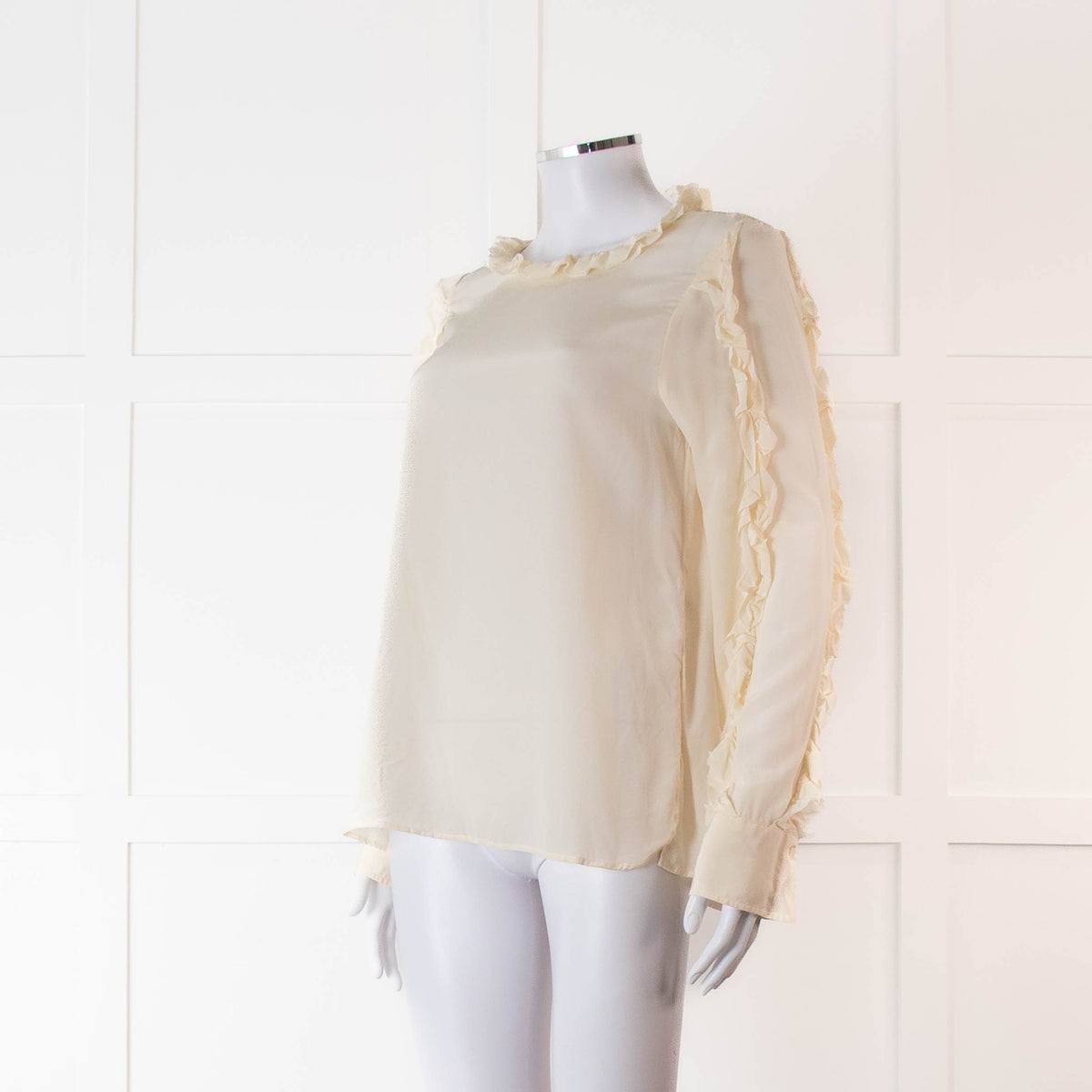 SeeByChloe Cream Silk Round Neck Long Sleeve With Ruffle Detailing