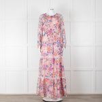 Ridley Pale Pink Blue Silk Floral Tiered Maxi Dress