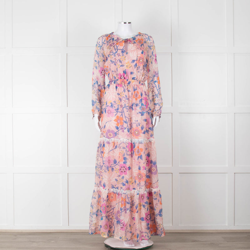 Ridley Pale Pink Blue Silk Floral Tiered Maxi Dress
