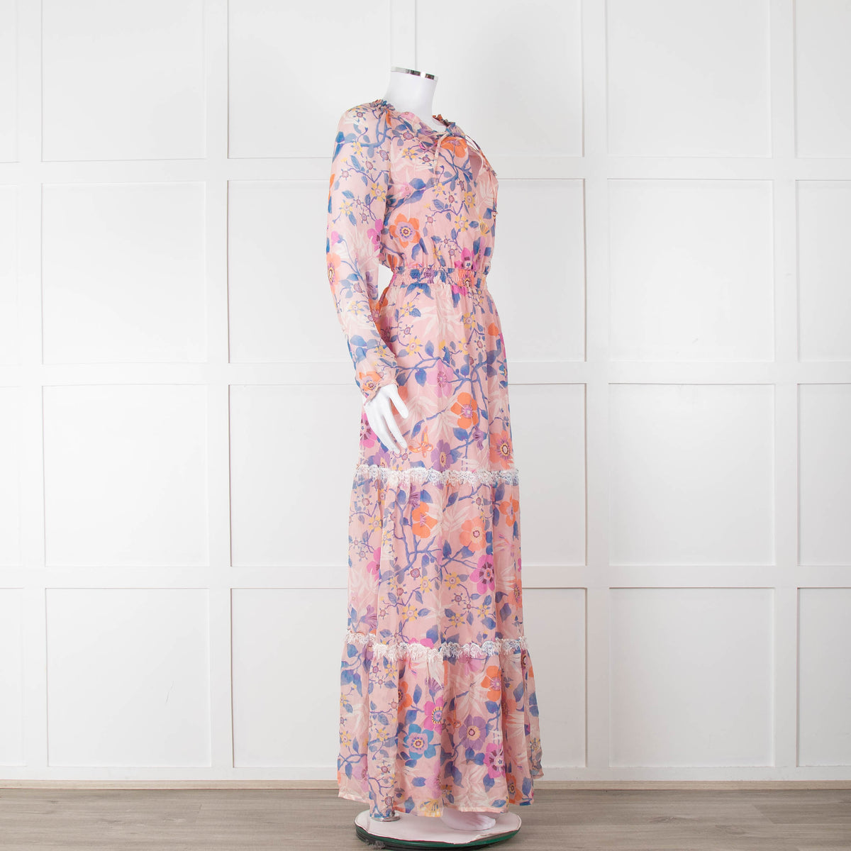 Ridley Pale Pink Blue Silk Floral Tiered Maxi Dress