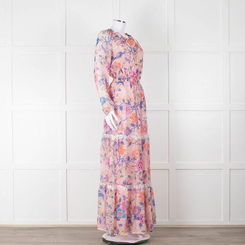 Ridley Pale Pink Blue Silk Floral Tiered Maxi Dress