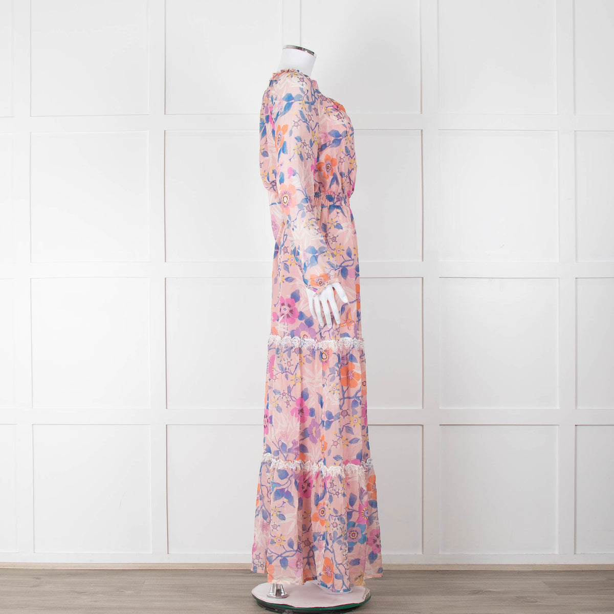 Ridley Pale Pink Blue Silk Floral Tiered Maxi Dress